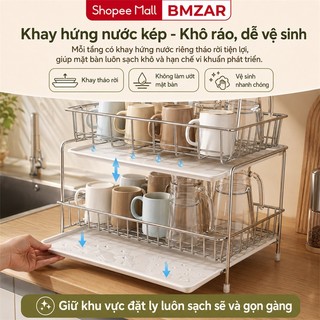 Giá úp ly cốc inox  2 Tầng Chống Gỉ Kệ Ráo Nước Ly Chén Bền Bỉ