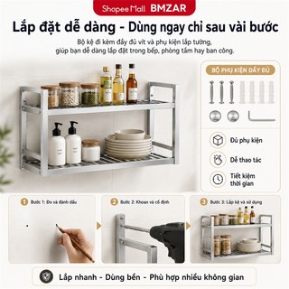 Kệ để đồ nhà bếp treo tường inox 304 cao cấp Giá gia vị ống vuông gắn tường dày dặn Kệ đỡ lò vi sóng chịu lực tốt