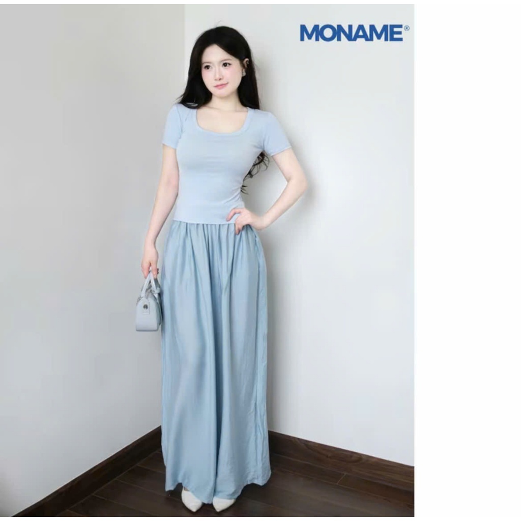 Set Bộ Đồ Nữ Áo Thun Cổ Vuông Ôm , Quần Dài Đũi Tơ Ống Rộng Mặc Hè Thoáng Mát Đi Biển B1 | BigBuy360 - bigbuy360.vn