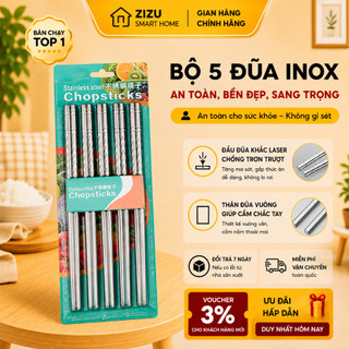 Đũa Inox 304 Chống Trượt - Vỉ 5 Đôi Đũa Xoắn Chống Bỏng, Không Ẩm Mốc, Dễ Vệ Sinh