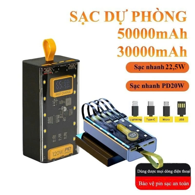 SẠC DỰ PHÒNG 50000mAh –120W SẠC SIÊU NHANH, MÀN HÌNH LED, 4 CỔNG SẠC, SẠC CÙNG LÚC 6 THIẾT BỊ
