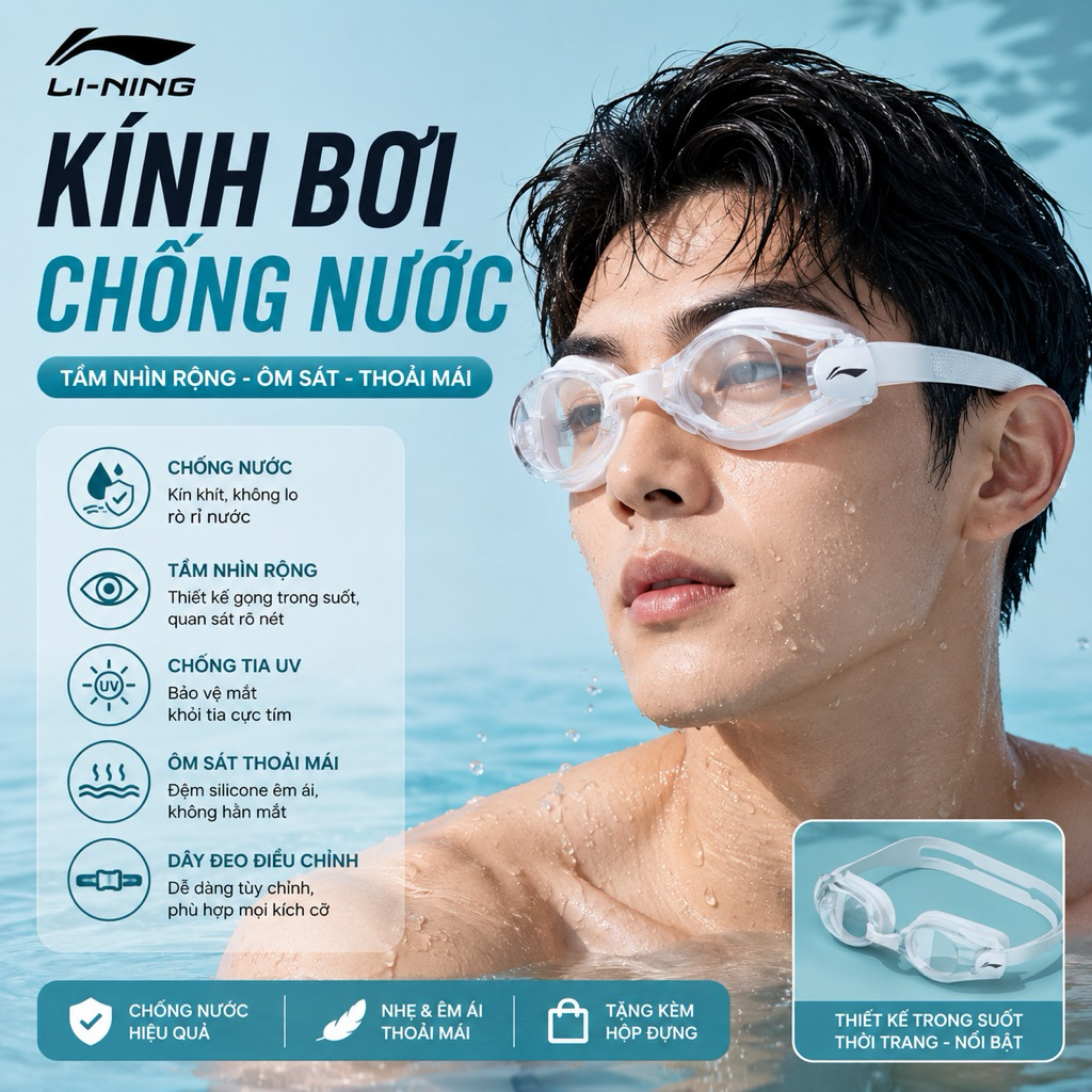 🆘 Kính bơi Li-ning chống nước, chống sương mù, hàng FULL BOX, Tặng bịt tai