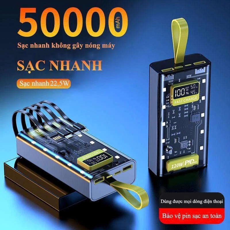SẠC DỰ PHÒNG 50000mAh –120W SẠC SIÊU NHANH, MÀN HÌNH LED, 4 CỔNG SẠC, SẠC CÙNG LÚC 6 THIẾT BỊ