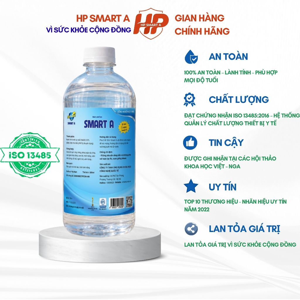 Combo 8 Chai Nước Muối ion SMART A 500ml -Nước Súc Miệng -Dung Dịch Sát Khuẩn Anolyte