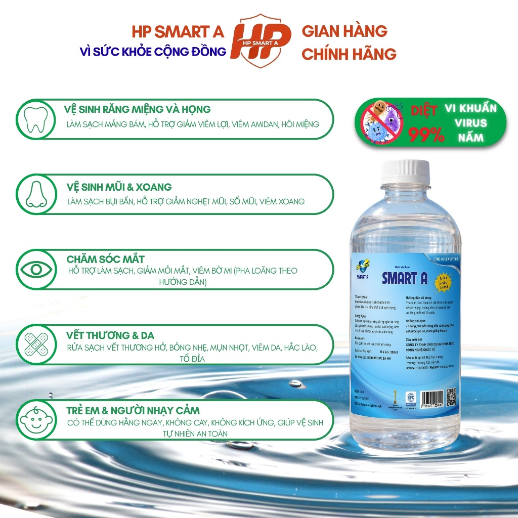Combo 8 Chai Nước Muối ion SMART A 500ml -Nước Súc Miệng -Dung Dịch Sát Khuẩn Anolyte