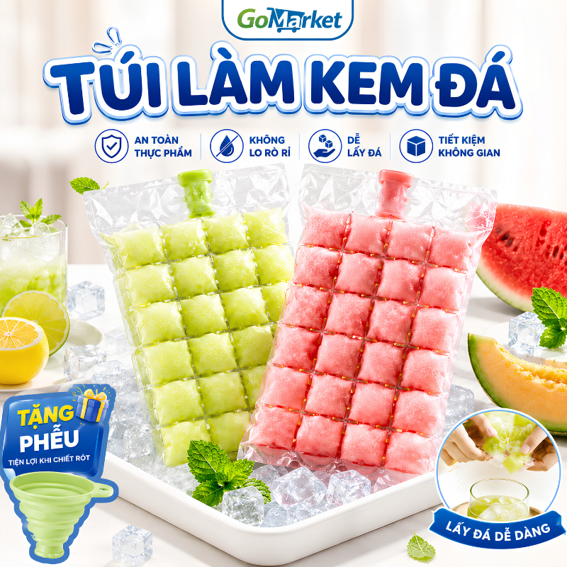 Set 50 Túi Làm Đá Viên 24 Ô Dùng 1 Lần, Túi Làm Kem Siro, Sữa Chua, Nước Trái Cây Kèm Phễu An Toàn Vệ Sinh Tiện Dụng