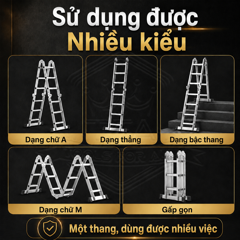 Thang Nhôm Gấp 4 Đoạn Chữ A Có Bánh Xe Hệ thống khóa an toàn Thang Nhôm Xếp Gấp Gọn Gia Đình Chữ M