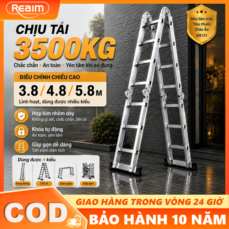 Thang nhôm gấp 4 đoạn chữ A 14 tư thế sử dụng Chống ẩm, chống gỉ cao 3.7m/4.7m/5.7m