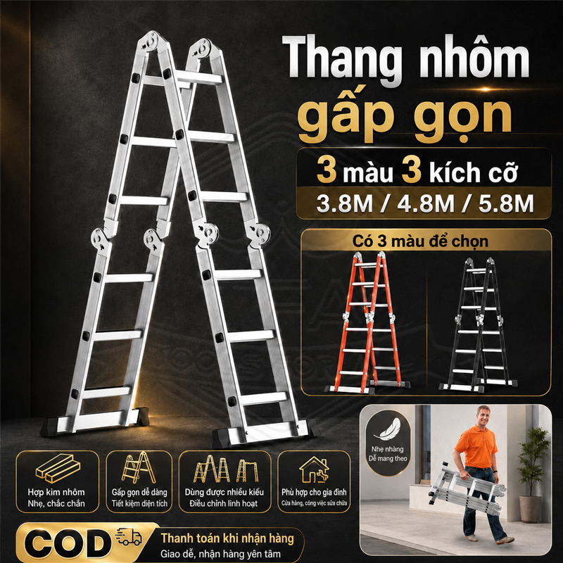 Thang Nhôm Gấp 4 Đoạn Chữ A Có Bánh Xe Hệ thống khóa an toàn Thang Nhôm Xếp Gấp Gọn Gia Đình Chữ M