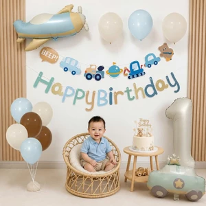 Set Bóng Trang Trí Sinh Nhật Ô Tô Máy Bay Bé Trai, Combo Decor Tiệc Thôi Nôi Đầy Đủ Tại Nhà OTO200