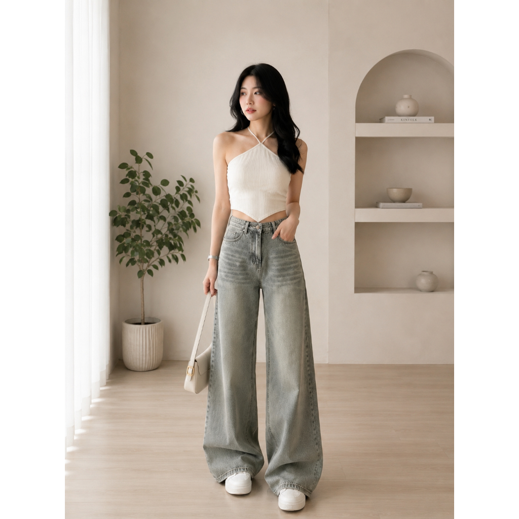 Quần Jean Nữ MIAA ỐNG suông dáng rộng cạp cao Màu Xanh Trắng Wash Đen chất bò RIN mềm denim BIGSIZE