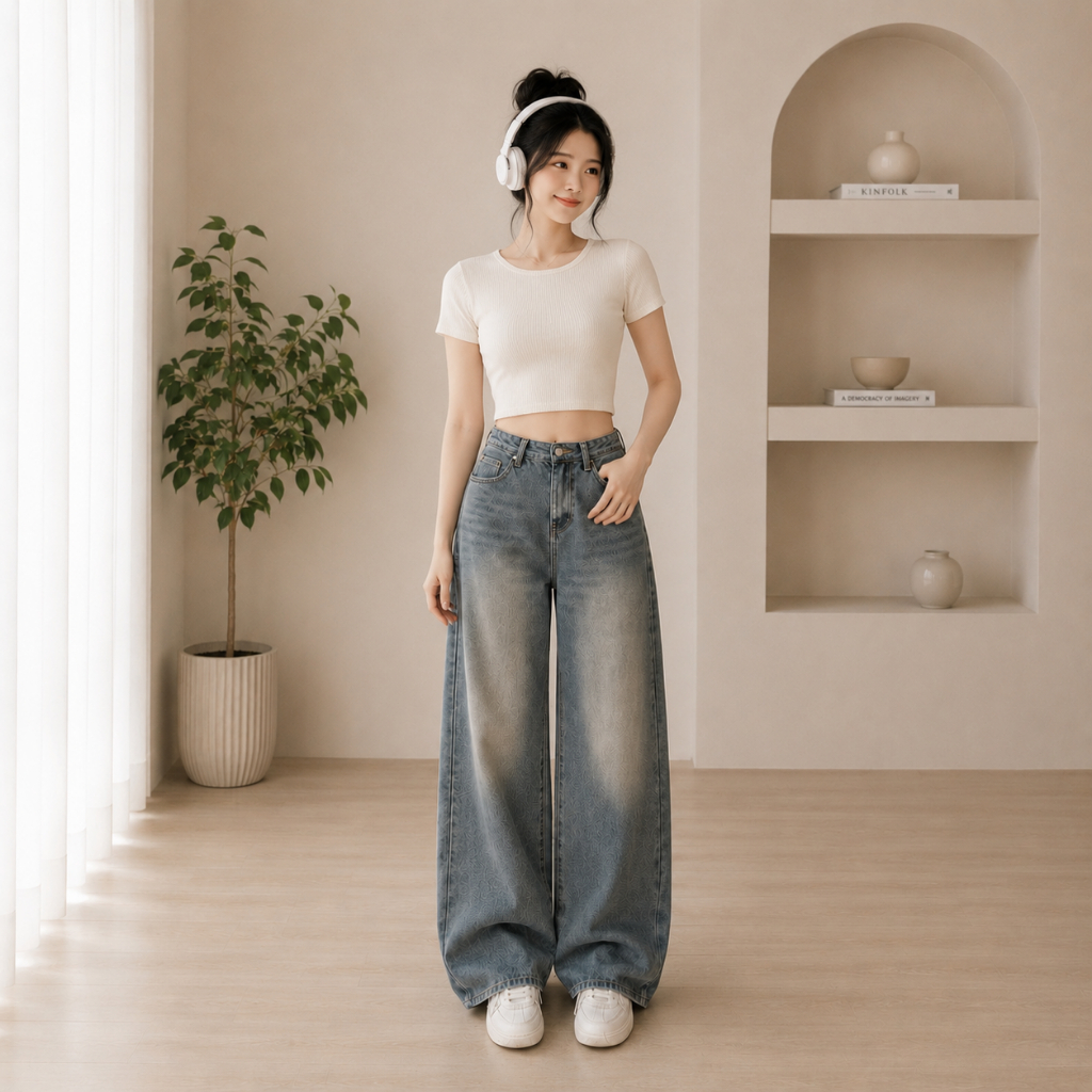 Quần Jean Nữ MIAA ỐNG suông dáng rộng cạp cao Màu Xanh Trắng Wash Đen chất bò RIN mềm denim BIGSIZE