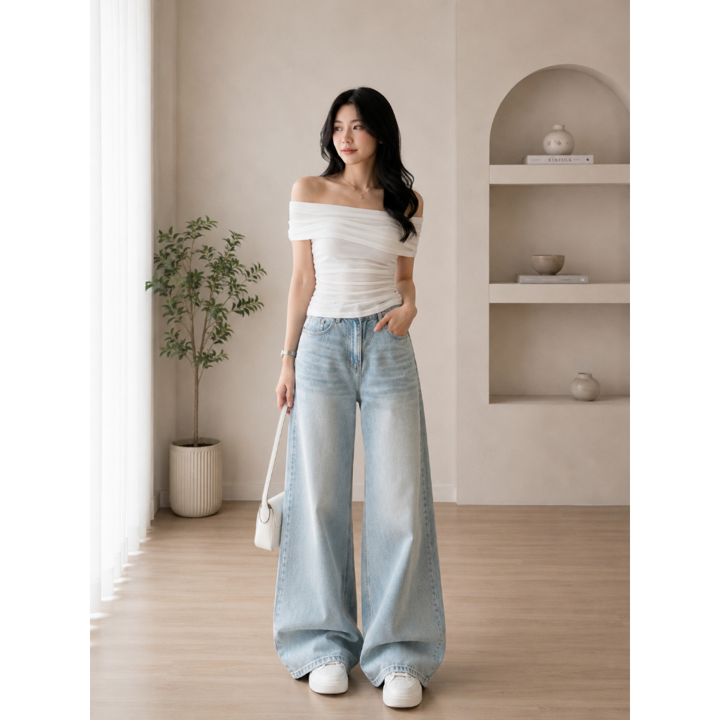 Quần Jean Nữ MIAA ỐNG suông dáng rộng cạp cao Màu Xanh Trắng Wash Đen chất bò RIN mềm denim BIGSIZE