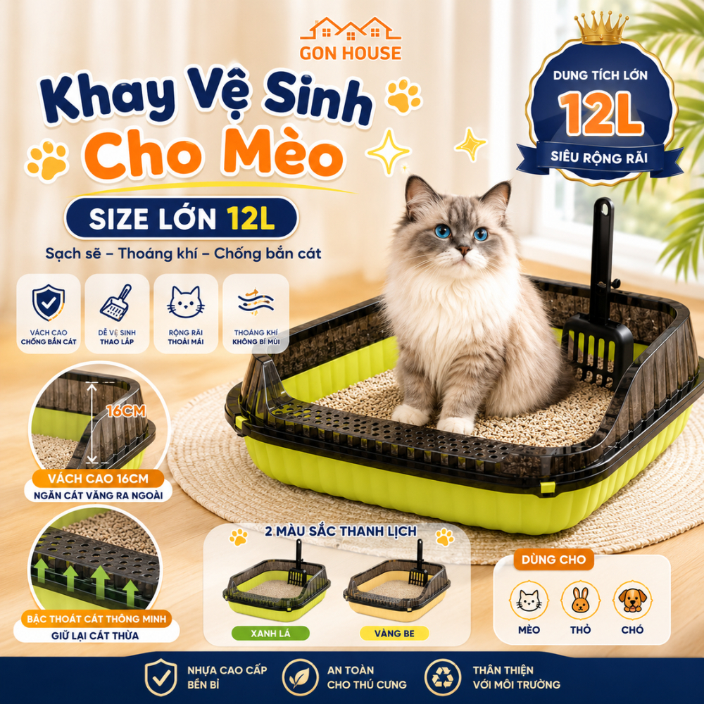 Khay Vệ Sinh Cho Mèo Size Lớn 12L GONHOUSE, Chậu Cát Mèo Có Vách Chắn Cao Chống Bắn Cát, Dùng Cho Thú Cưng