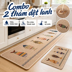 Bộ 2 Thảm Bếp Dệt Vải Lanh Siêu Thấm Hút, Thảm Nhà Bếp Chống Trượt, Thảm Chùi Chân Phòng Tắm Cao Cấp