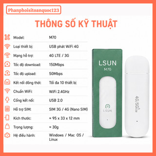 USB 4G LSUN M70 Phát WiFi Không Dây – Cắm SIM 3G/4G – Tốc Độ 150Mbps – Kết Nối 10 Thiết Bị