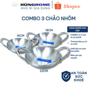 Combo 3 chảo nhôm (16cm,18cm,22cm) loại dày lòng sâu tráng bánh xèo, xào chính hãng giá rẻ - Hunghome