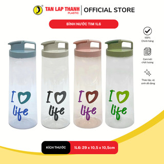 Bình nước trái tim Tân Lập Thành 1.2L/1.6L, bình nước nhựa tone nhật an toàn bền đẹp màu pastel