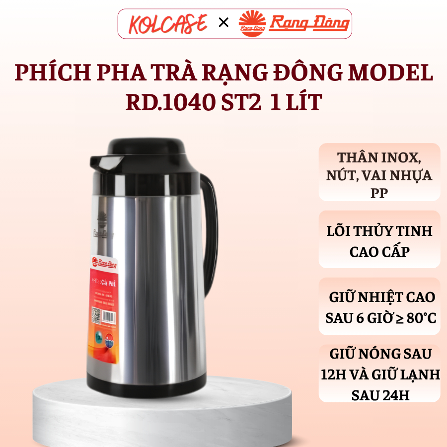 Phích Pha Trà Rạng Đông Model RD.1040 ST2 - Dung Tích 1 Lít, Ruột Thủy Tinh Cao Cấp, Giữ Nhiệt Tốt, An Toàn Sử Dụng