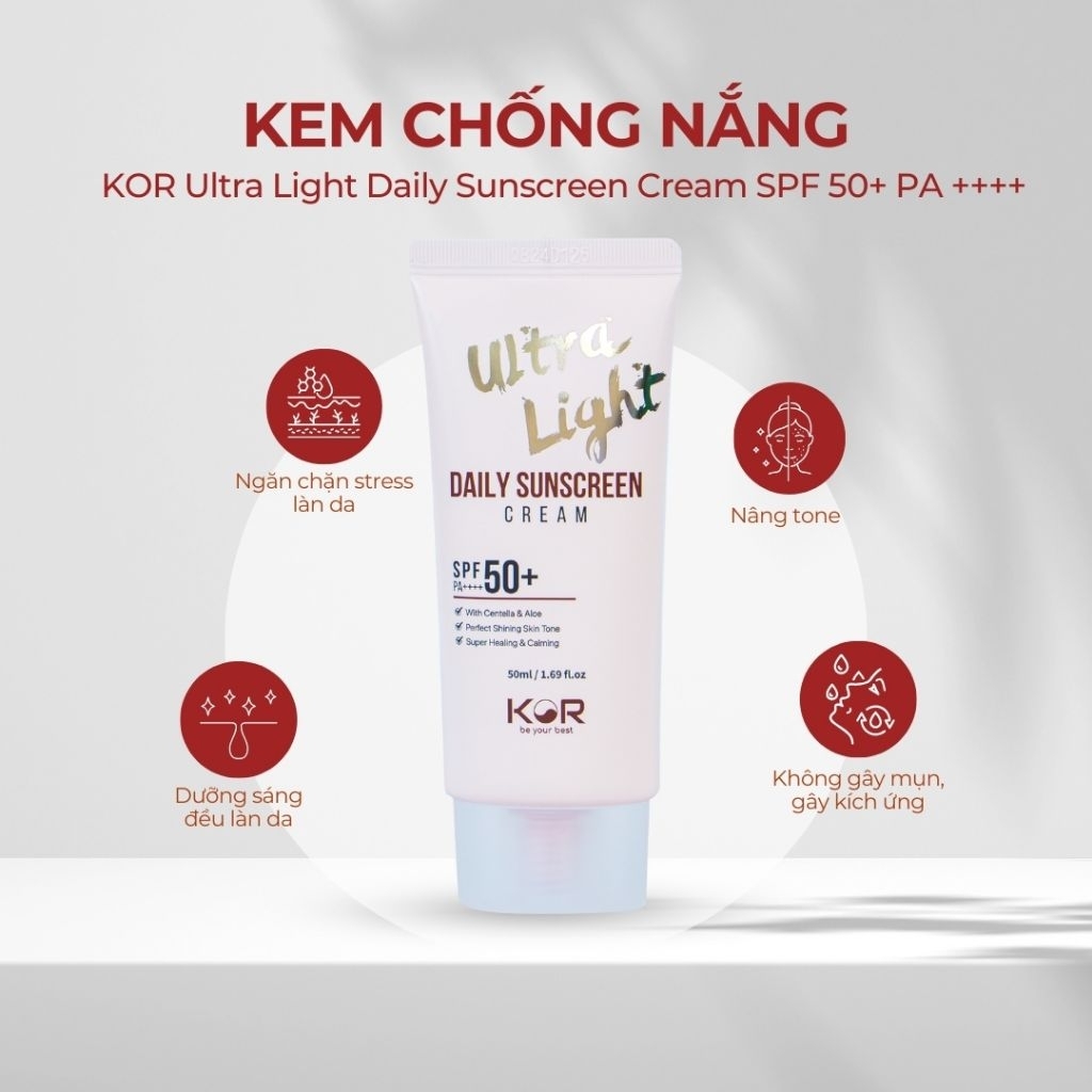 Kem chống nắng KOR Hàn Quốc 50ml nâng tone, dưỡng da, giữ ẩm. Tặng bộ kit 5 sản phẩm chăm sóc da KOR