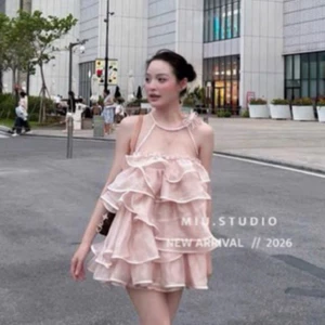 MIU.STUDIO • Set Áo cổ yếm voan tơ tầng bèo phối hoa đính đá kèm chân váy ngắn xoè bồng phong cách tiểu thư công chúa