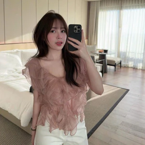 Áo voan tơ trễ vai cổ V phối bèo nhún tầng bồng bềnh sang chảnh, Áo kiểu nữ thiết kế dáng croptop 2 màu mix đồ cực xinh