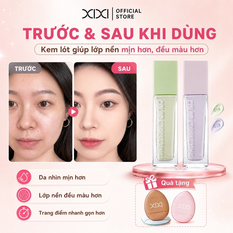 Kem lót hiệu chỉnh sắc da XIXI D555 — Chất kem mỏng nhẹ, cấp ẩm, tạo lớp nền mịn màng và tự nhiên.