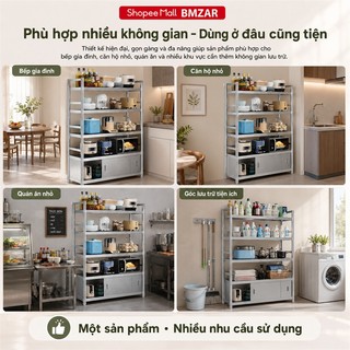 Kệ inox nhà bếp Cao Cấp Để Sàn có hàng rào Tủ Bếp Inox Chịu Lực Tốt Mỗi tầng có 2 thanh đỡ