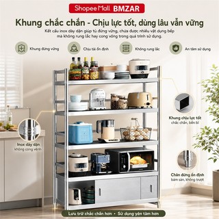 Kệ inox nhà bếp Cao Cấp Để Sàn có hàng rào Tủ Bếp Inox Chịu Lực Tốt Mỗi tầng có 2 thanh đỡ
