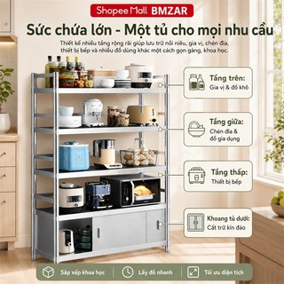 Kệ inox nhà bếp Cao Cấp Để Sàn có hàng rào Tủ Bếp Inox Chịu Lực Tốt Mỗi tầng có 2 thanh đỡ