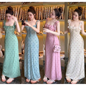 Đầm maxi 2 dây dáng dài ôm nhẹ phối bèo thắt nơ sang chảnh, Váy dài chấm bi cổ vuông style vintage đi biển đi cafe