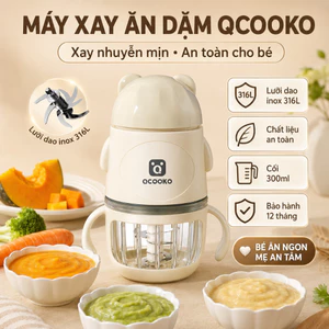 Máy Xay Ăn Dặm QCOOKO - 8 Lưỡi Thép 316, Cối Thủy Tinh Chống Vỡ 300ml - Xay Đa Năng, BH 24 Tháng