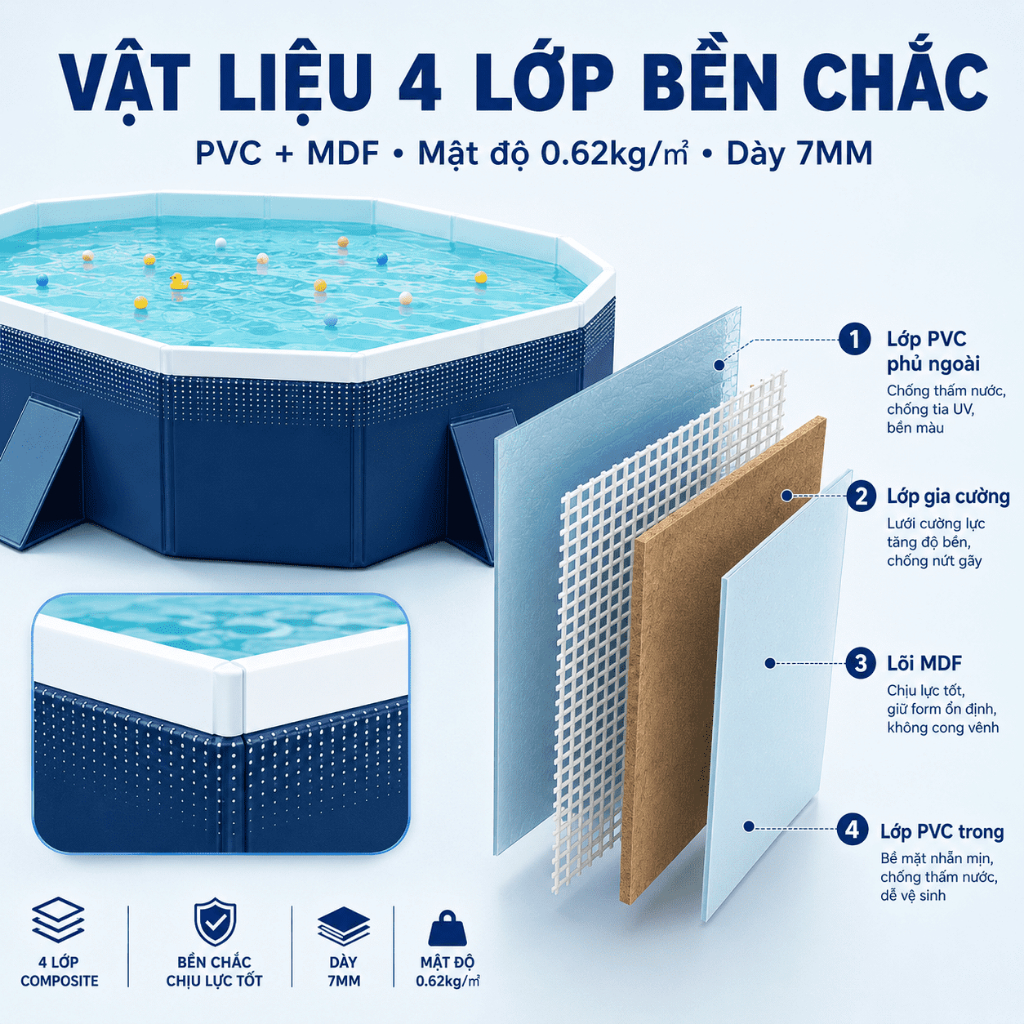 WTHB bể bơi ngoài trời cho gia đình – loại lớn, gấp gọn, không cần bơm hơi, phù hợp 1-10 người, không cần máy bơm