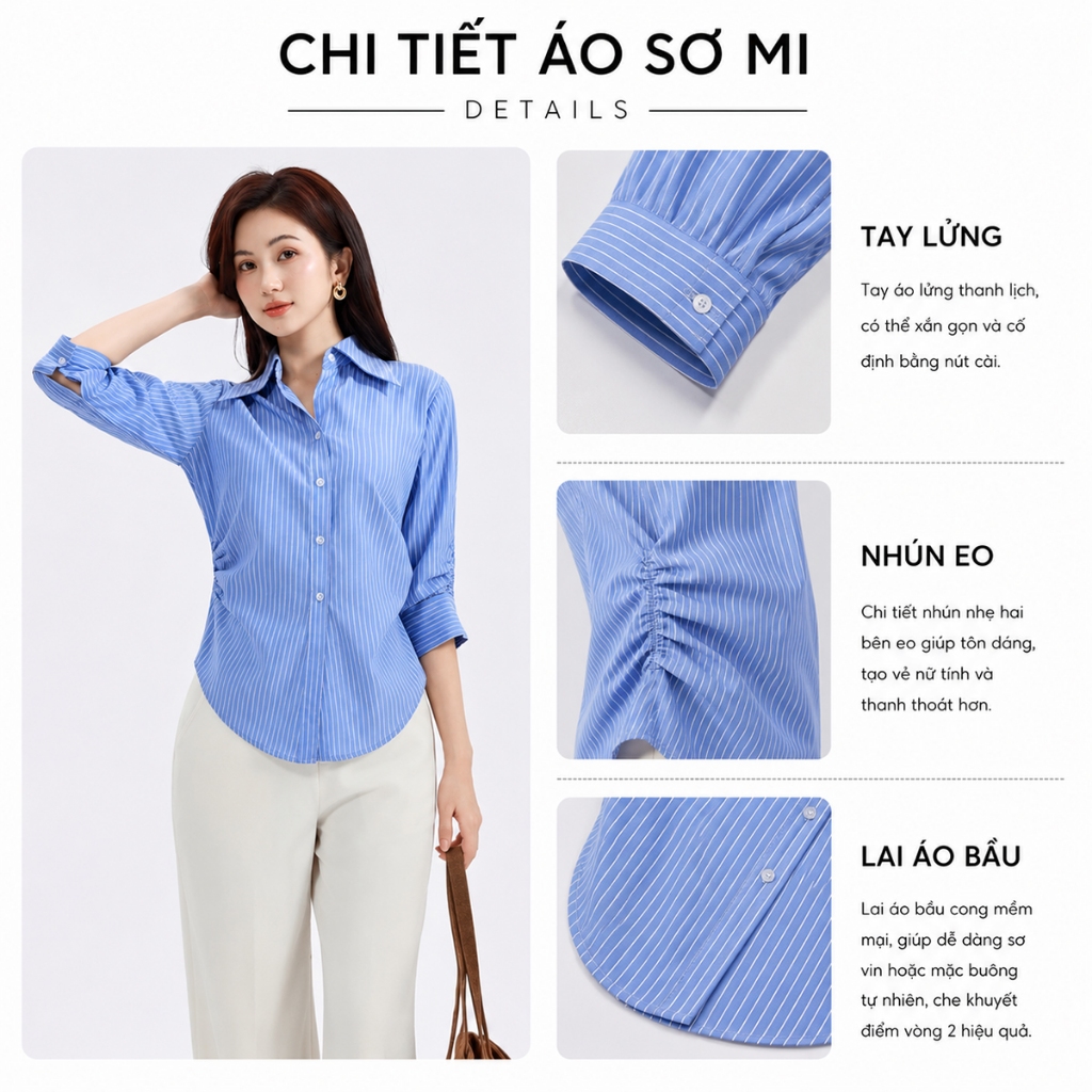 Áo Sơ Mi Nữ GUMAC Áo Kiểu Công Sở Kẻ Sọc Tay Lửng Chiết Ly Eo Tôn Dáng Vải Kate Cao Cấp AF01024