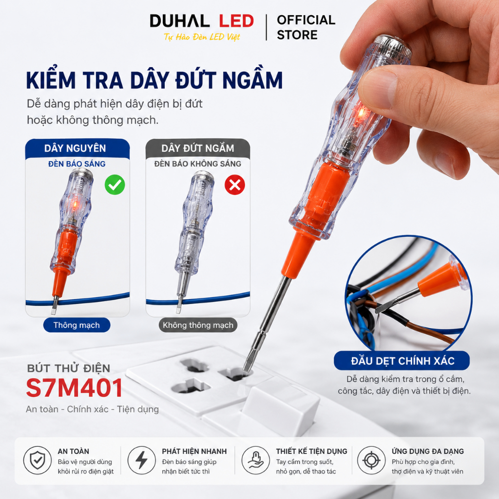 Bút Thử Điện DUHAL S7M401 Thông Minh, Vít Thử Điện 100V – 500VAC 2 Đầu Vít Có Đèn báo