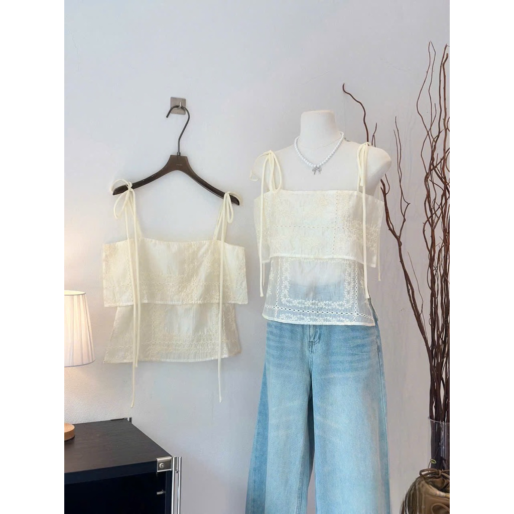 Áo hai dây buộc nơ phối ren layer thêu lỗ dáng suông nhẹ style HQ ,Áo nữ kiểu 2S mảnh thiết kế đơn giản mặc chơi,đi biển
