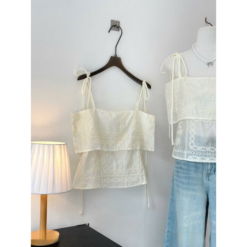 Áo hai dây buộc nơ phối ren layer thêu lỗ dáng suông nhẹ style HQ ,Áo nữ kiểu 2S mảnh thiết kế đơn giản mặc chơi,đi biển