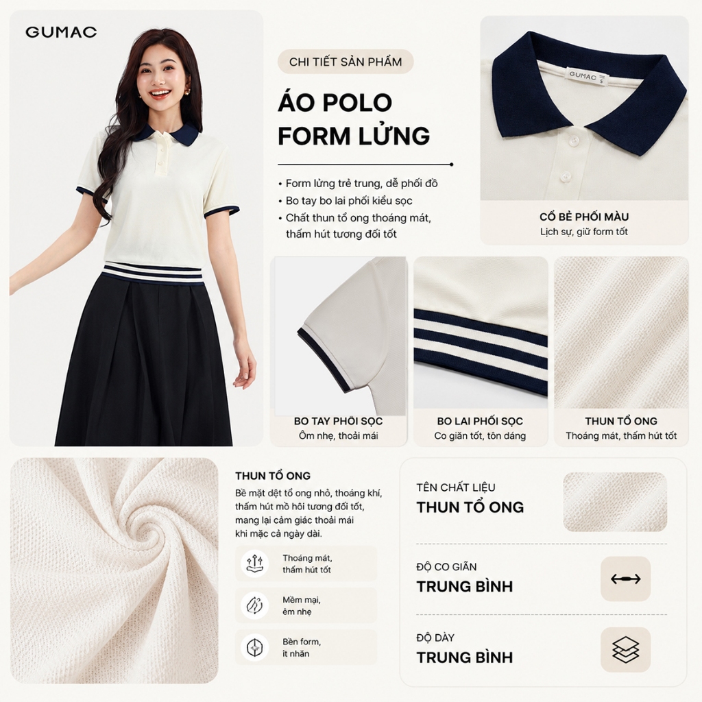 Áo Polo Nữ GUMAC Áo Thun Có Cổ Chất Tổ Ong Thoáng Mát Bo Phối Sọc Trẻ Trung Năng Động APG01024