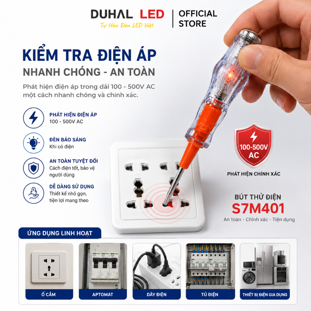 Bút Thử Điện DUHAL S7M401 Thông Minh, Vít Thử Điện 100V – 500VAC 2 Đầu Vít Có Đèn báo