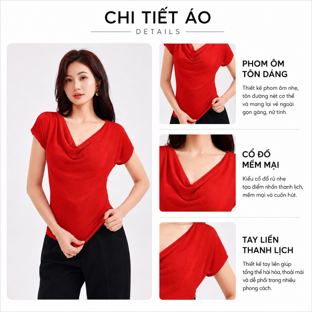 Áo Thun Cổ Đổ GUMAC Áo Thun Kiểu Sang Trọng Áo Đi Tiệc Vải Thun Ánh Nhung Co Giãn Tôn Dáng ATE01031