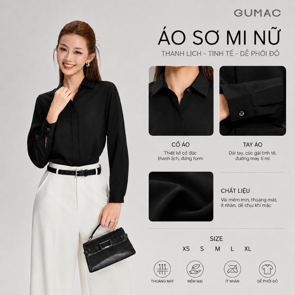 Áo Sơ Mi Nữ Tay Dài GUMAC Áo Kiểu Công Sở Lụa Trơn Basic Cơ Bản Nẹp Đôi Giấu Nút BAE00003