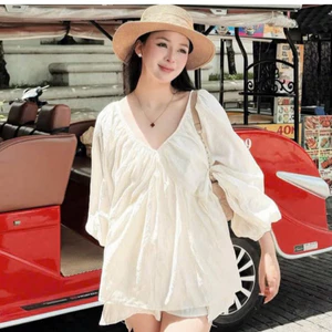 Set 2 món : Áo babydoll cổ V buộc nơ tay bồng kèm quần ngắn, chất liệu vải tơ mềm L1 phong cách tiểu thư sang chảnh