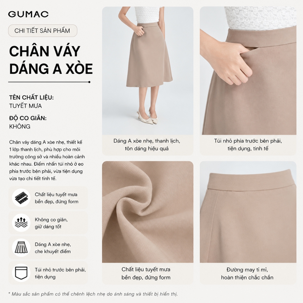 Chân Váy Chữ A Nữ GUMAC Chân Váy Công Sở Dáng Dài Có Túi Lưng Cao Chất Tuyết Mưa Thanh Lịch BVE00013