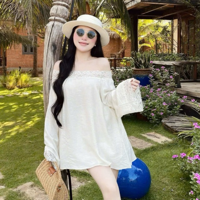 Set bộ tơ phối ren cao cấp dáng rộng phong cách basic HQuốc , Set áo trễ vai tay bồng phối ren kèm quần sooc giấu quần