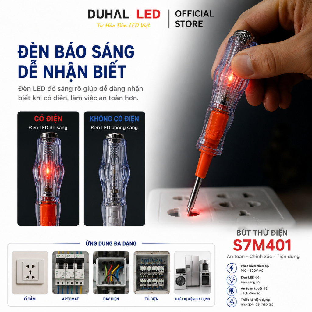 Bút Thử Điện DUHAL S7M401 Thông Minh, Vít Thử Điện 100V – 500VAC 2 Đầu Vít Có Đèn báo