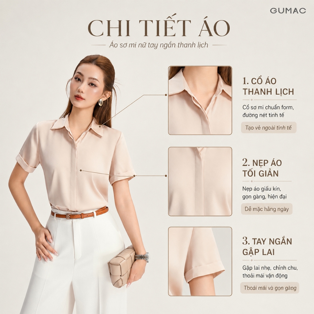 Áo Sơ Mi Nữ GUMAC - Công Sở Tay Ngắn Nẹp Đôi Giấu Nút Lai Lật Đứng Form Chất Lụa Dày Dặn Cao Cấp LAF0339