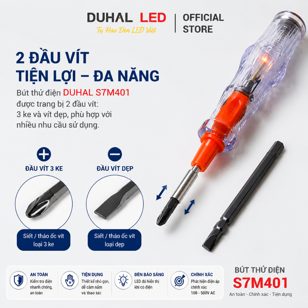 Bút Thử Điện DUHAL S7M401 Thông Minh, Vít Thử Điện 100V – 500VAC 2 Đầu Vít Có Đèn báo