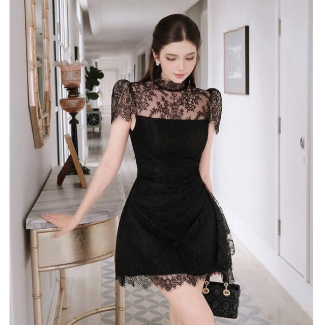MIU.STUDIO • Đầm tiểu thư dáng A tay bồng phối ren cao cấp, Váy ren trắng cổ cao phối tà eo thanh lịch sang chảnh