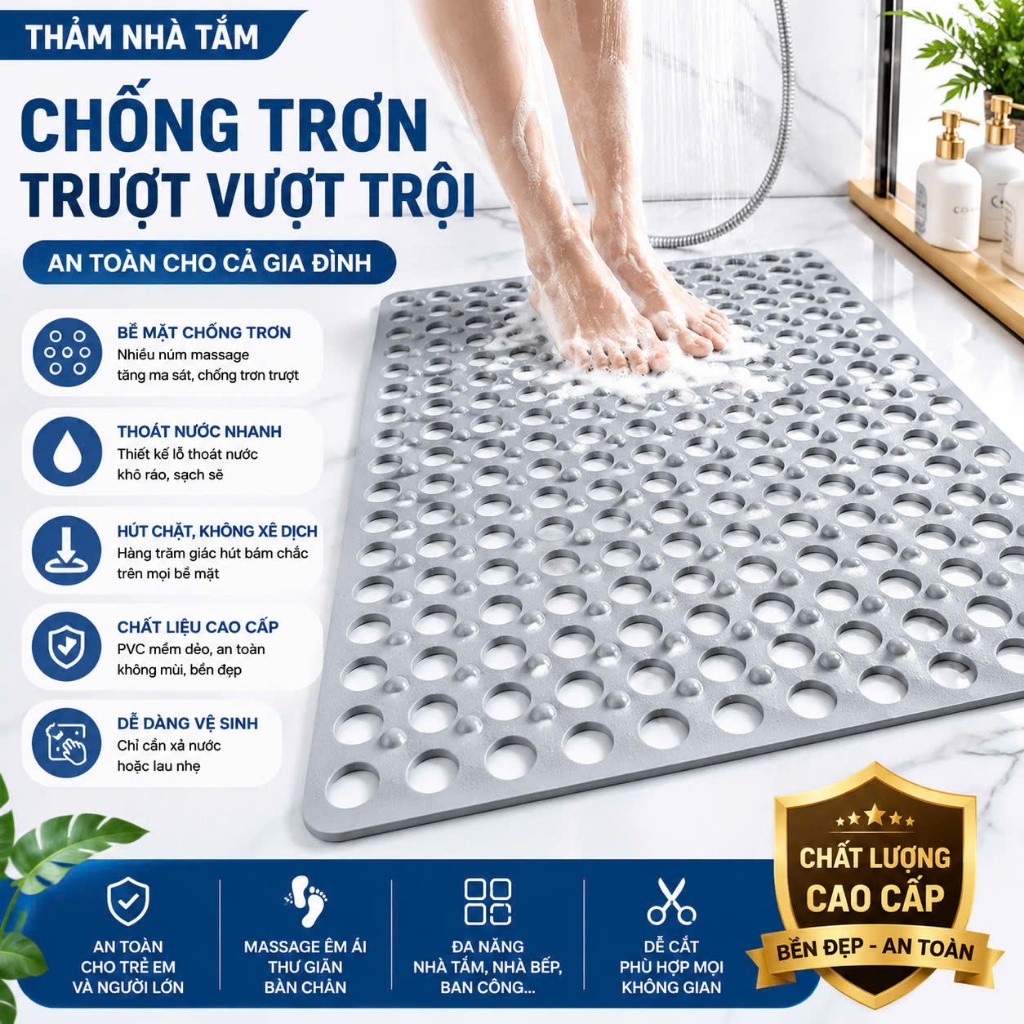 Thảm lót nhà tắm PTLUXURY chống trơn trượt chất liệu cao su độ bám dính cao kích thước 72 CM x 36 CM