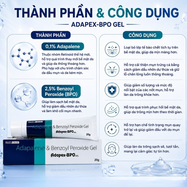 Kem Bôi Mụn Adapex BPO Gel 20g – Gel Giảm Mụn Dưỡng Da Kết Cấu Trong Suốt Cân Bằng Dầu & Dưỡng Ẩm